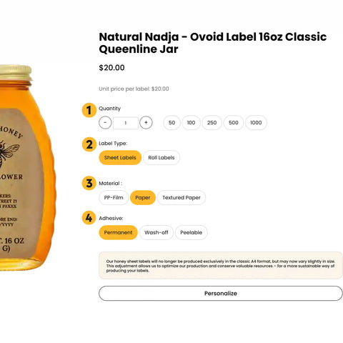 honeystickers_ordering-process Honey bottle with label design options on a white background