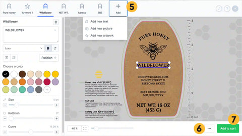 honeystickers Honey package label design software interface with a honey package label on screen