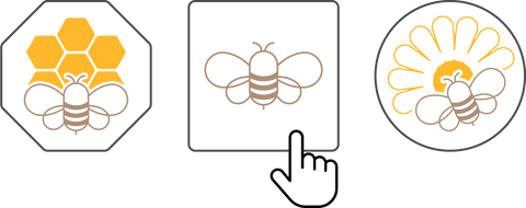 honeystickers_about-us-grafic Four icons featuring bees and honeycomb patterns, with a hand cursor pointing to the center icon.