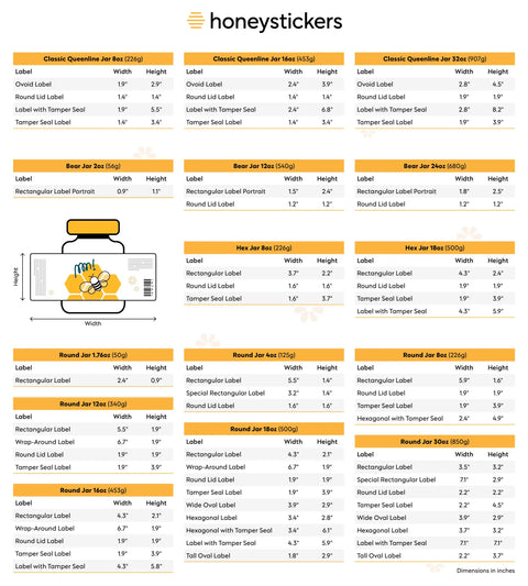 honeystickers_honey-jars-Label-sizes-table HoneyStickers label dimensions chart with various jar shapes and sizes.